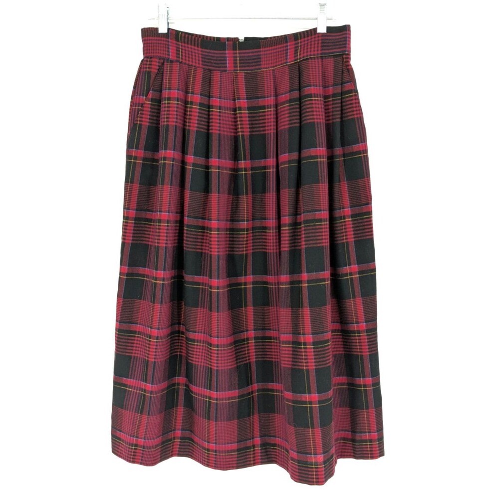 Vintage Classic 100% Wool Plaid Pleated Skirt SIZE 30" Waist Red Black Preppy